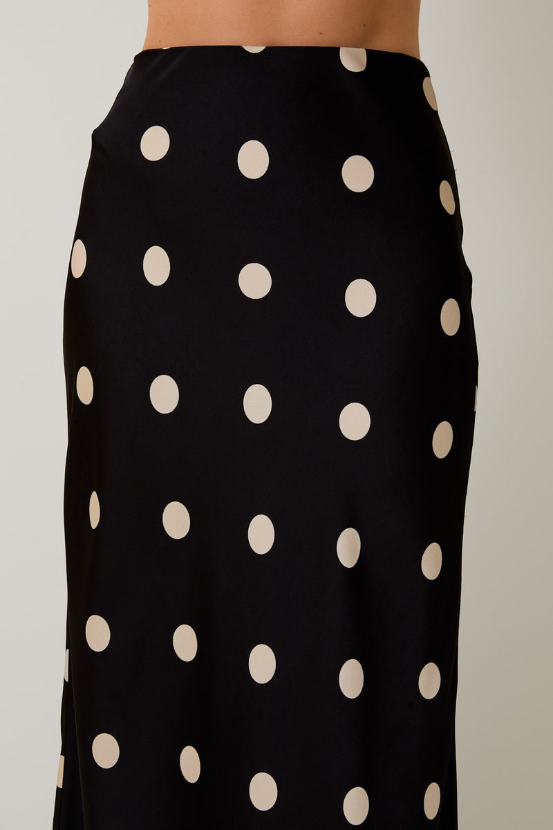 Sloane Satin Polka Dot Midi Skirt, Black-Cream Dot