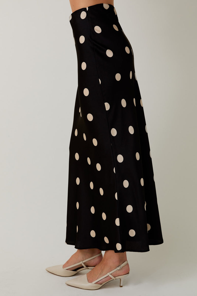 Sloane Satin Polka Dot Midi Skirt, Black-Cream Dot