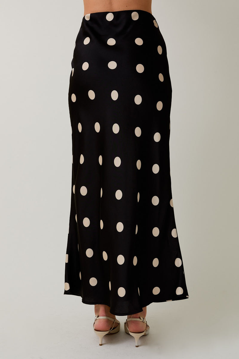 Sloane Satin Polka Dot Midi Skirt, Black-Cream Dot
