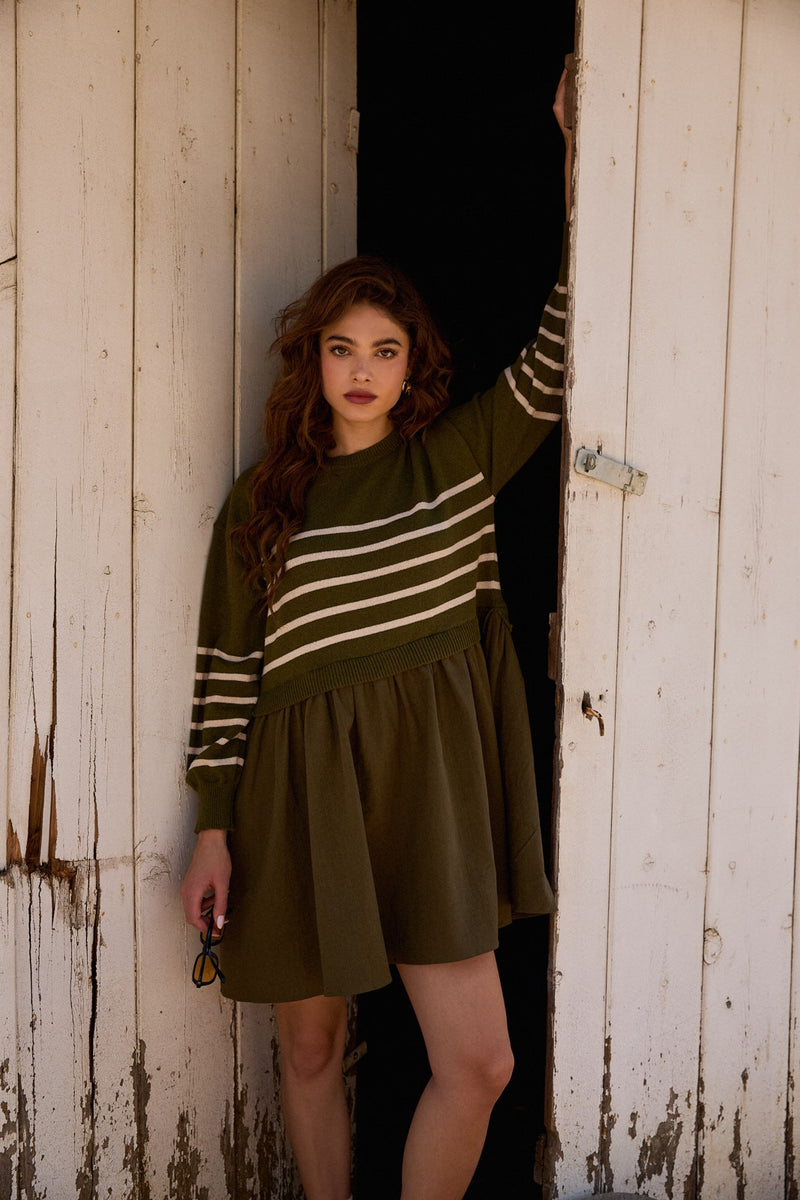 Holland Striped Mix Media Dress, Olive-Cream Stripe