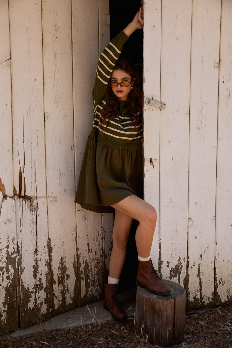 Holland Striped Mix Media Dress, Olive-Cream Stripe