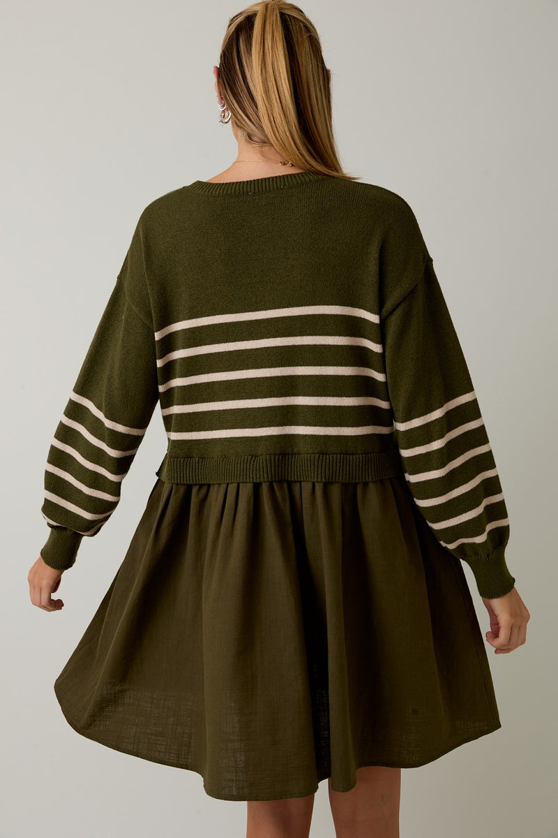 Holland Striped Mix Media Dress, Olive-Cream Stripe