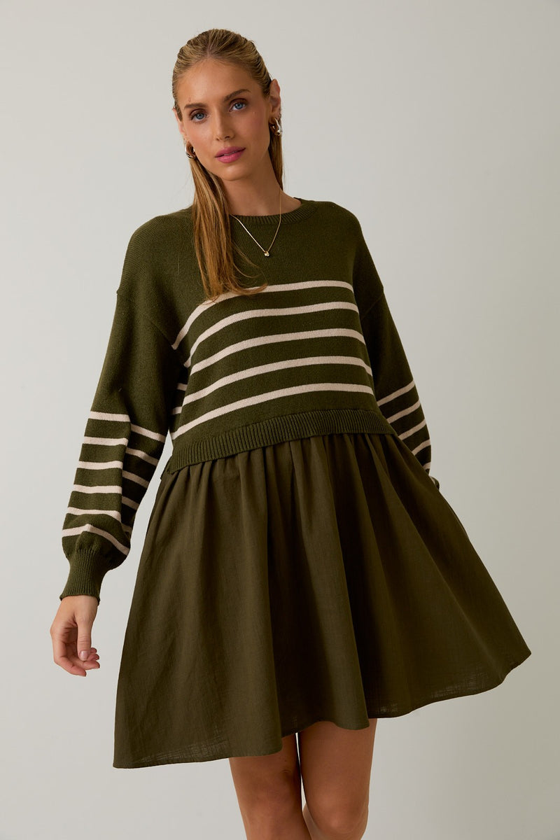 Holland Striped Mix Media Dress, Olive-Cream Stripe