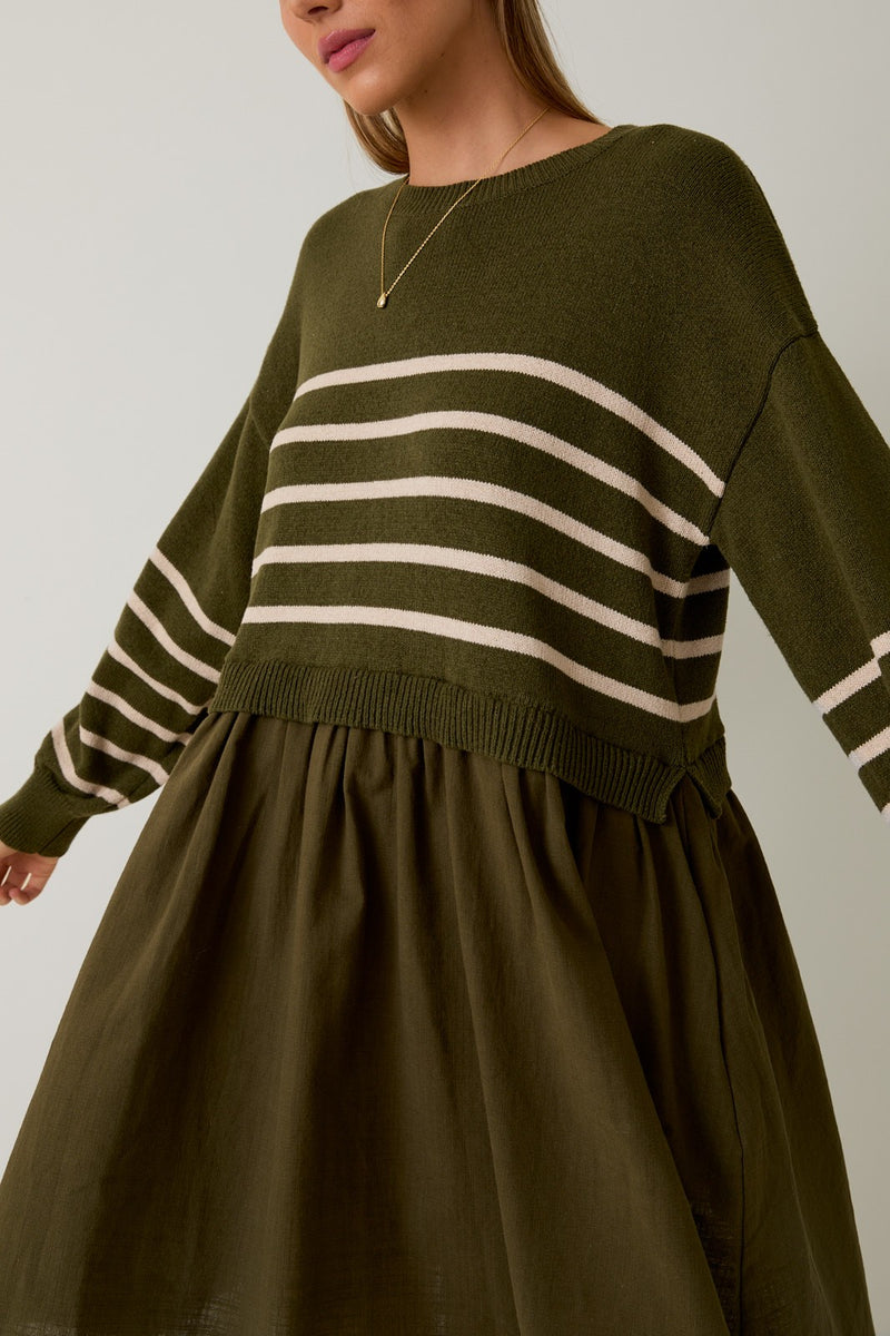 Holland Striped Mix Media Dress, Olive-Cream Stripe