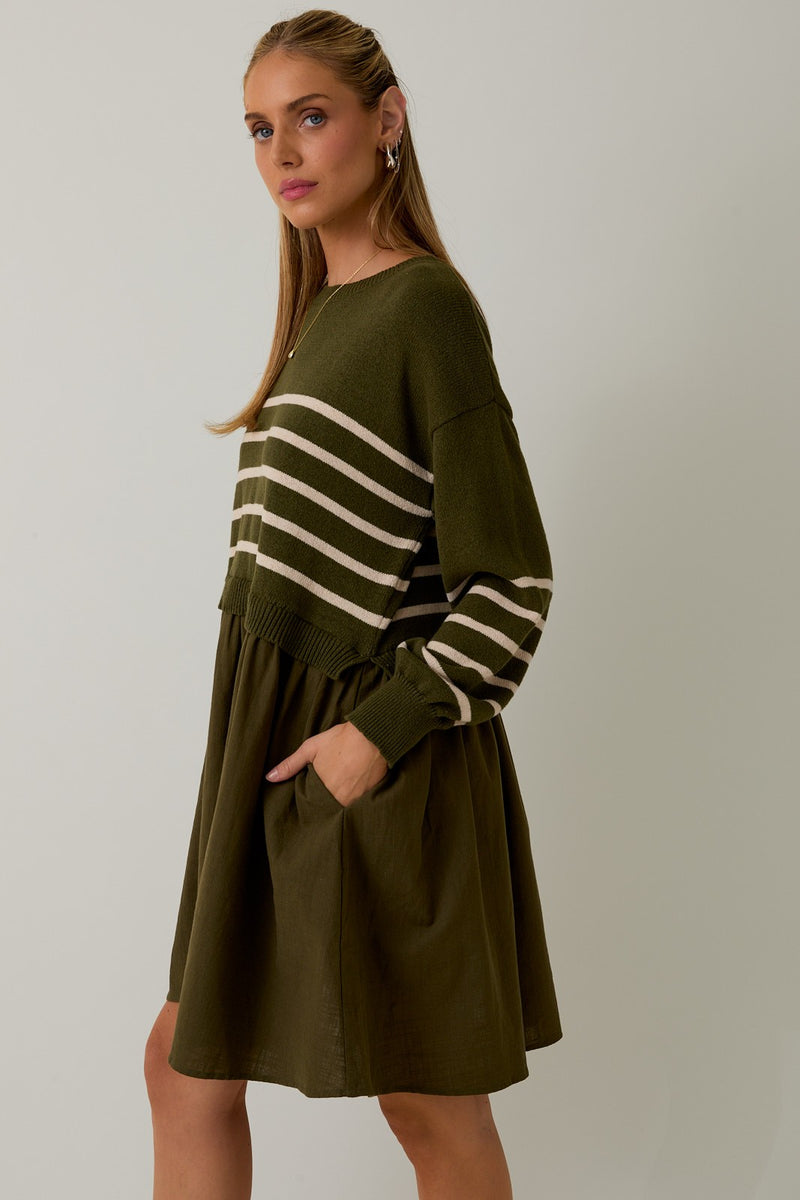 Holland Striped Mix Media Dress, Olive-Cream Stripe