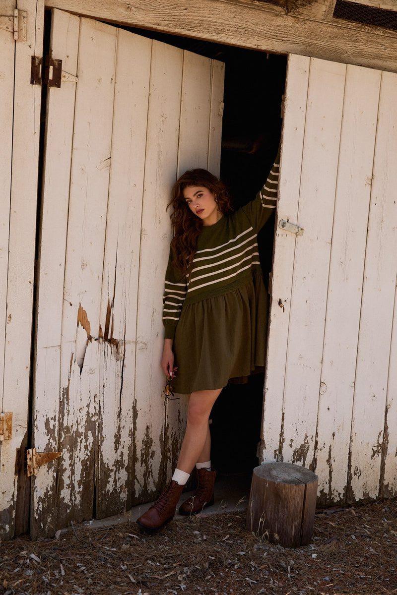 Holland Striped Mix Media Dress, Olive-Cream Stripe