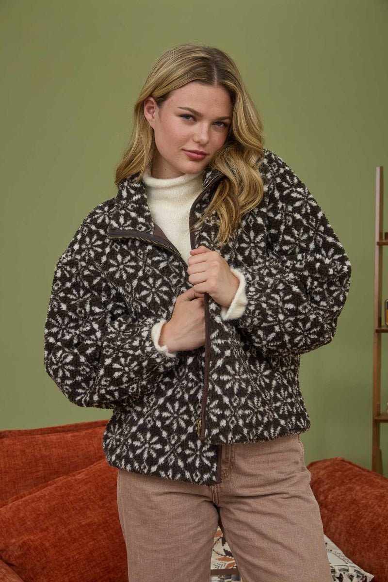 Hadley Snowflake Sherpa Jacket, Dark Brown