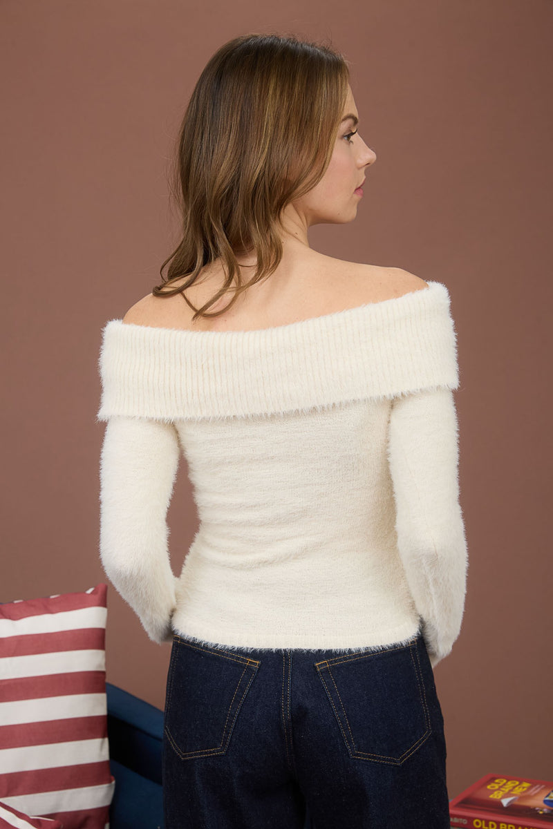 Wren Off Shoulder Fold Over Sweater, Cream