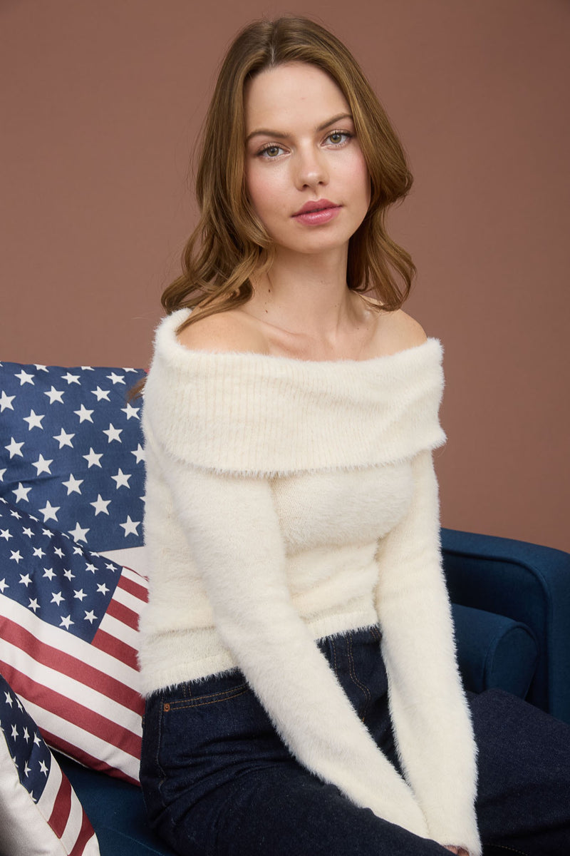 Wren Off Shoulder Fold Over Sweater, Cream