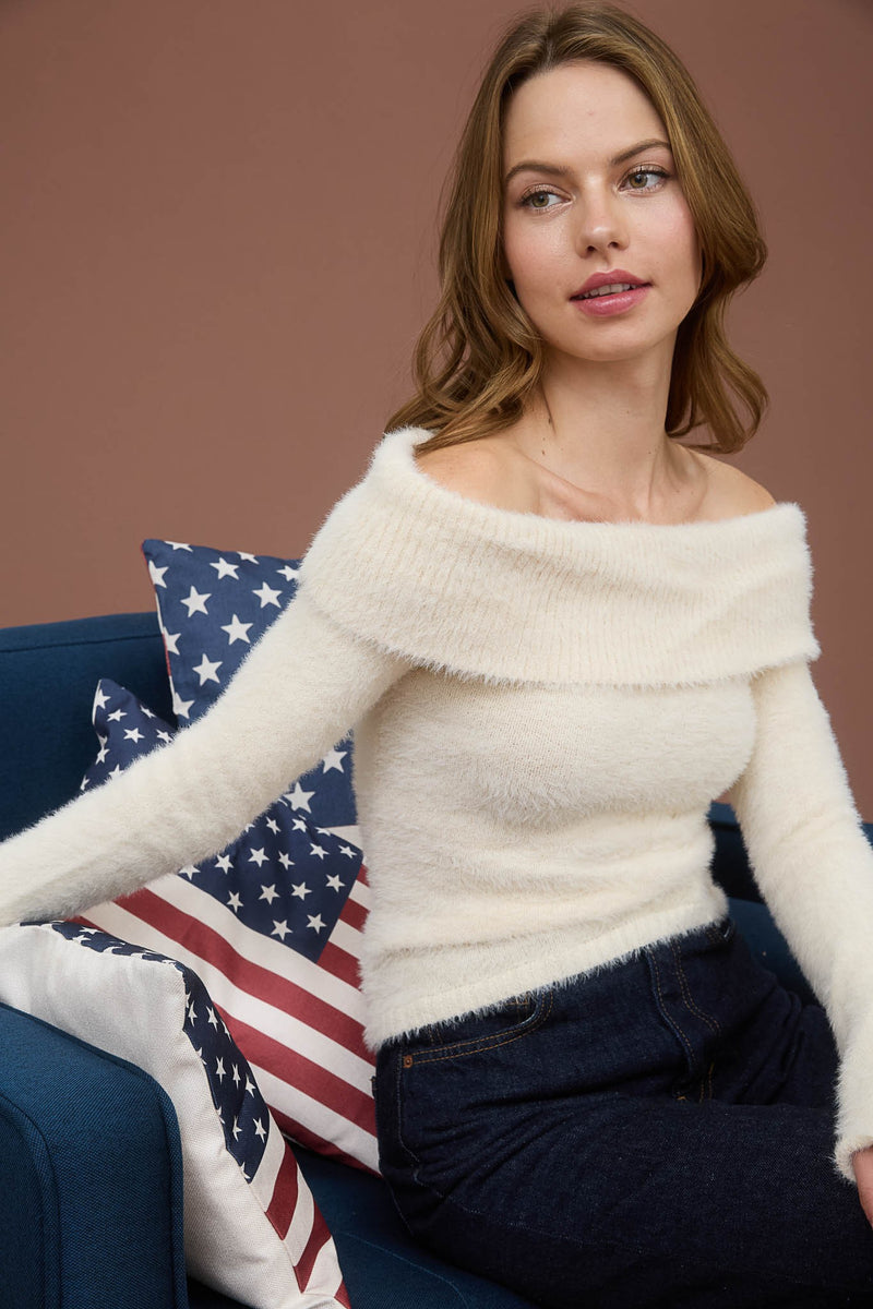 Wren Off Shoulder Fold Over Sweater, Cream