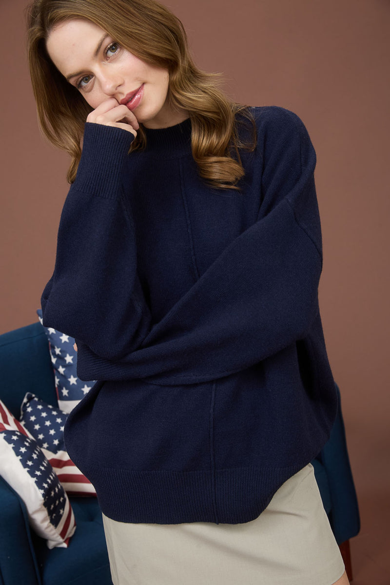 Julia Front Seam Mock Neck Sweater, Navy