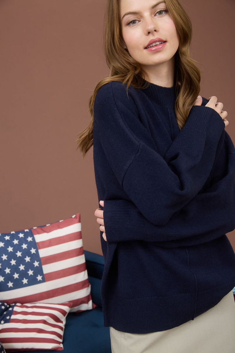 Julia Front Seam Mock Neck Sweater, Navy