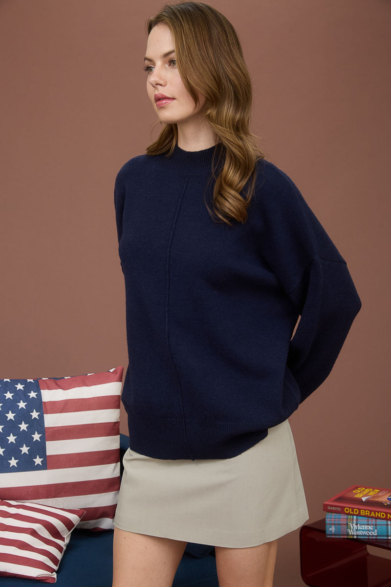 Julia Front Seam Mock Neck Sweater, Navy