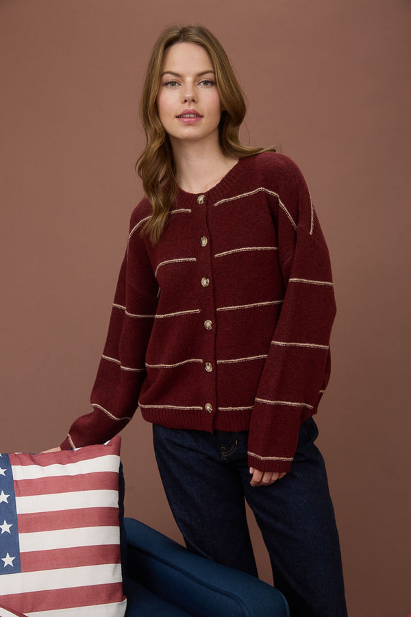 Jade Thin Stripe Button Down Cardigan, Red Wood