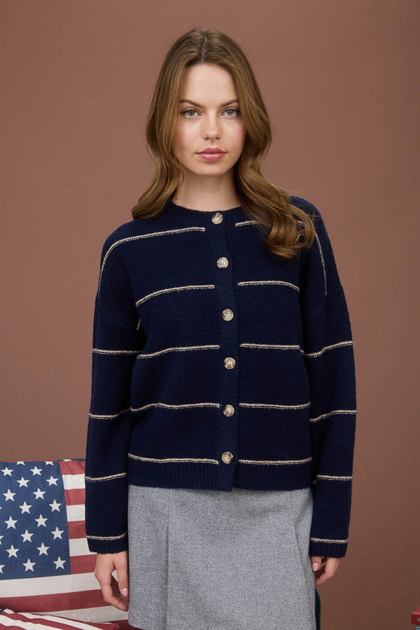 Jade Thin Stripe Button Down Cardigan, Navy