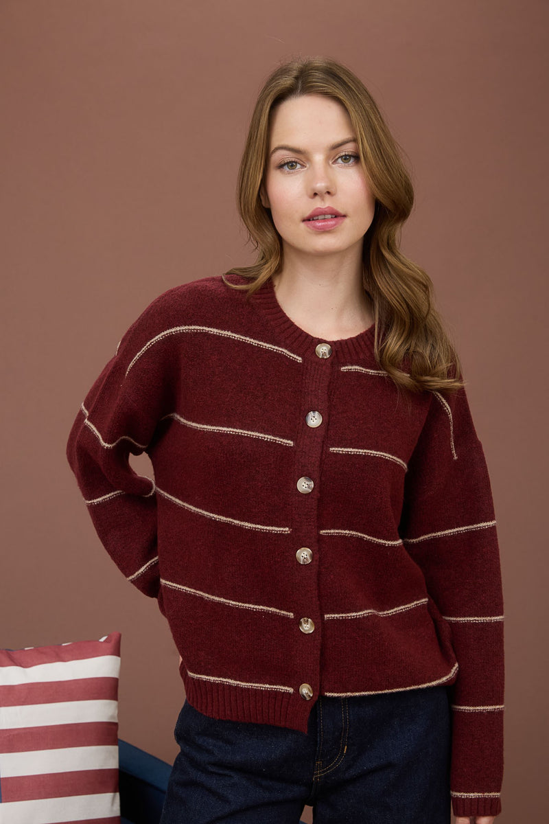 Jade Thin Stripe Button Down Cardigan, Red Wood