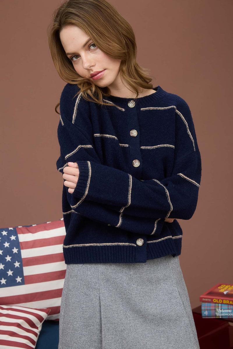 Jade Thin Stripe Button Down Cardigan, Navy