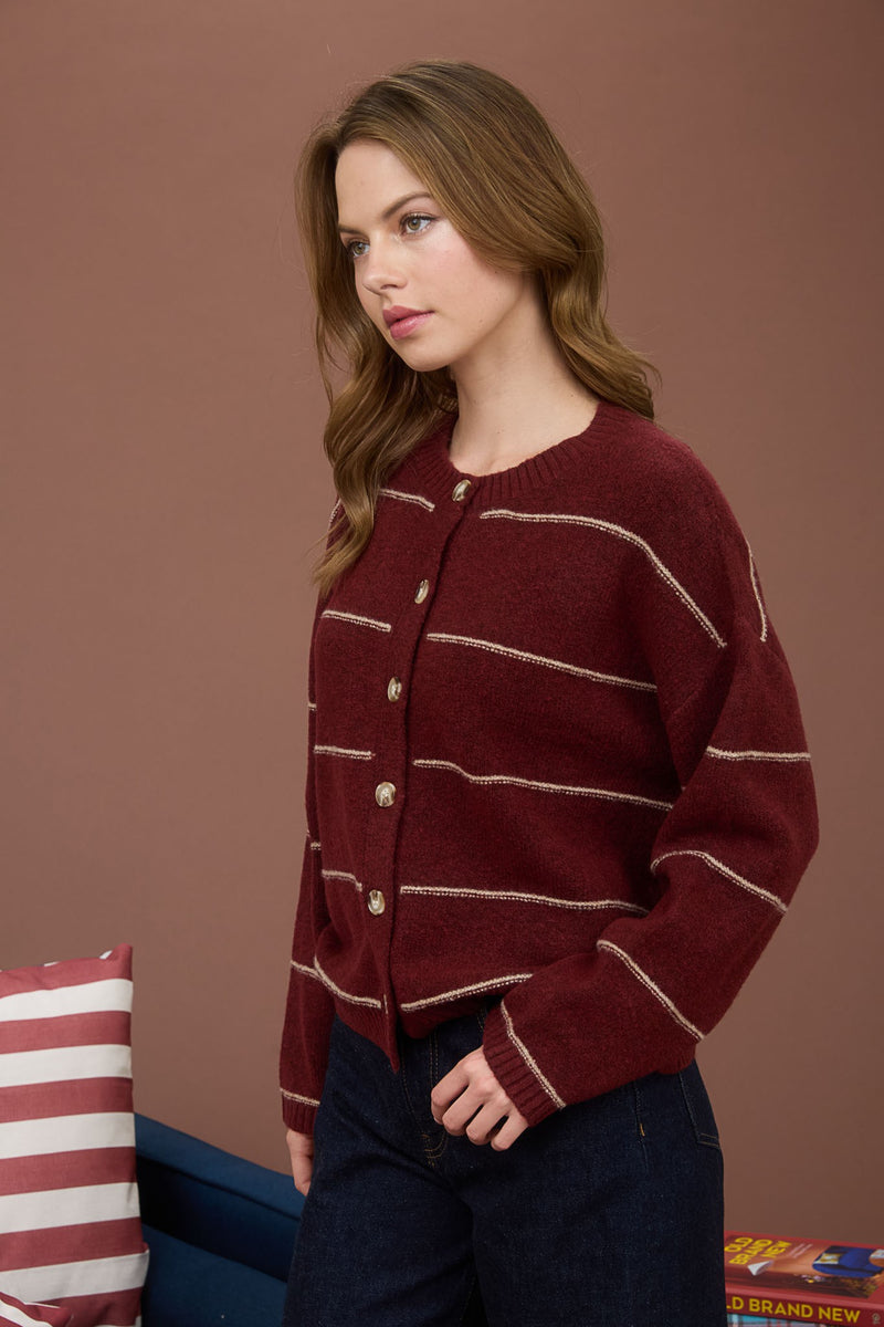 Jade Thin Stripe Button Down Cardigan, Red Wood