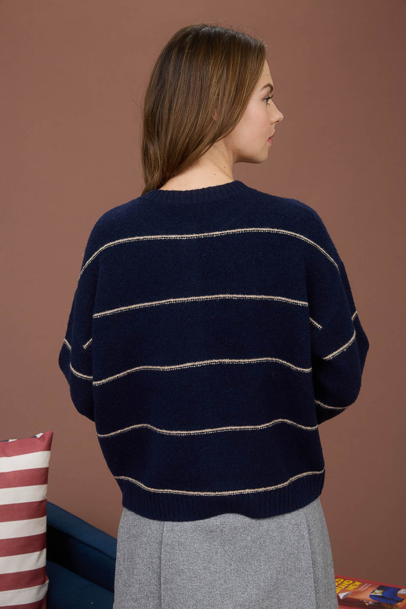 Jade Thin Stripe Button Down Cardigan, Navy