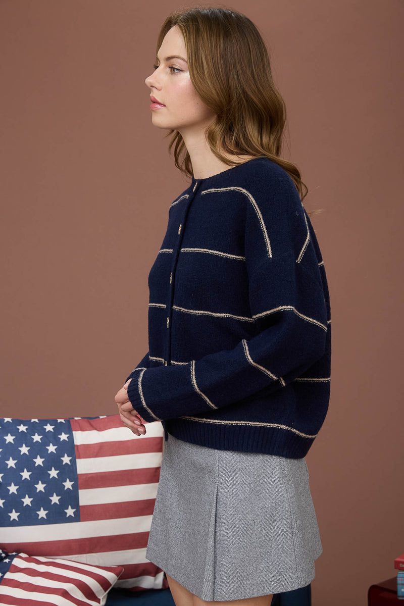 Jade Thin Stripe Button Down Cardigan, Navy