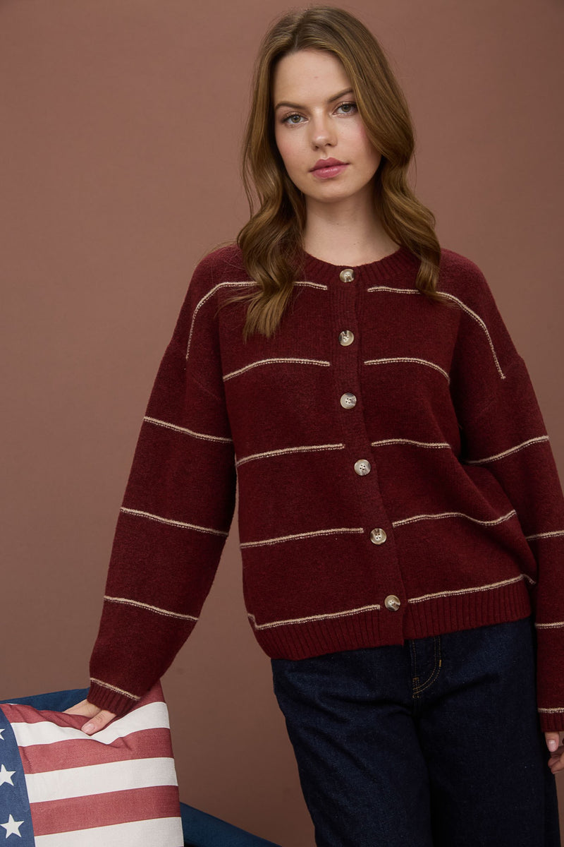 Jade Thin Stripe Button Down Cardigan, Red Wood