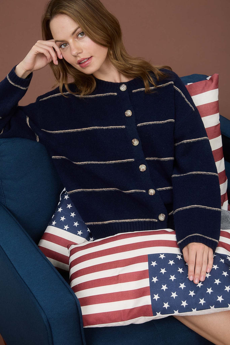 Jade Thin Stripe Button Down Cardigan, Navy