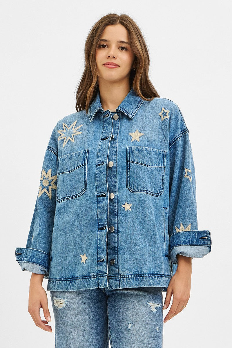 Harlow Star Embroidered Denim Jacket, Medium