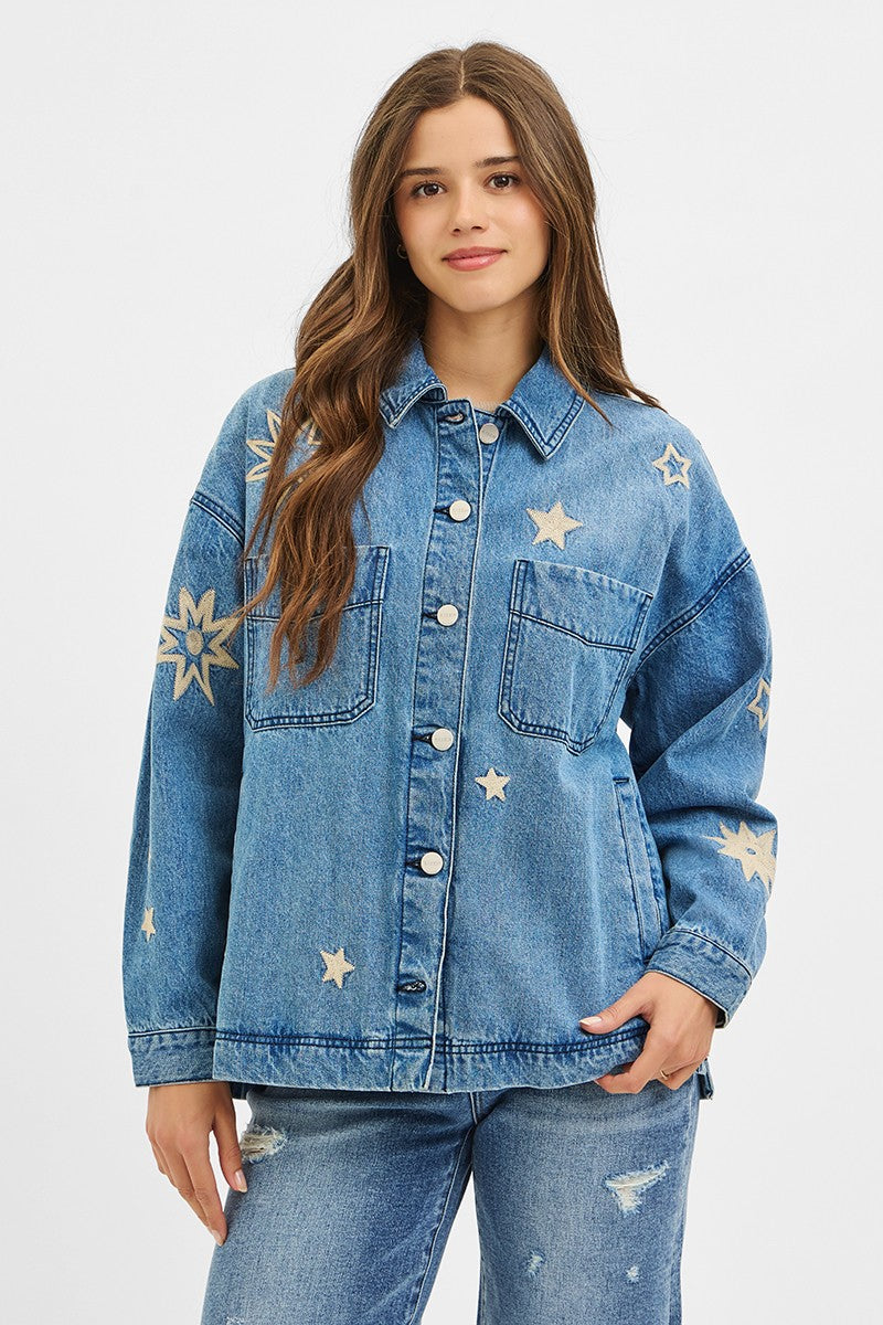 Harlow Star Embroidered Denim Jacket, Medium