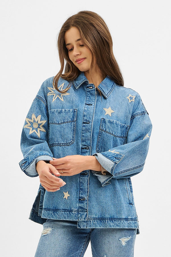 Harlow Star Embroidered Denim Jacket, Medium