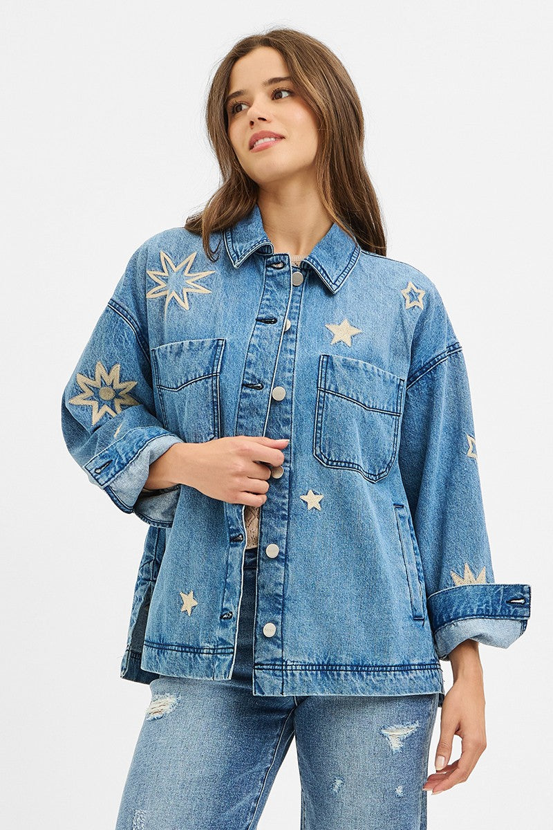 Harlow Star Embroidered Denim Jacket, Medium