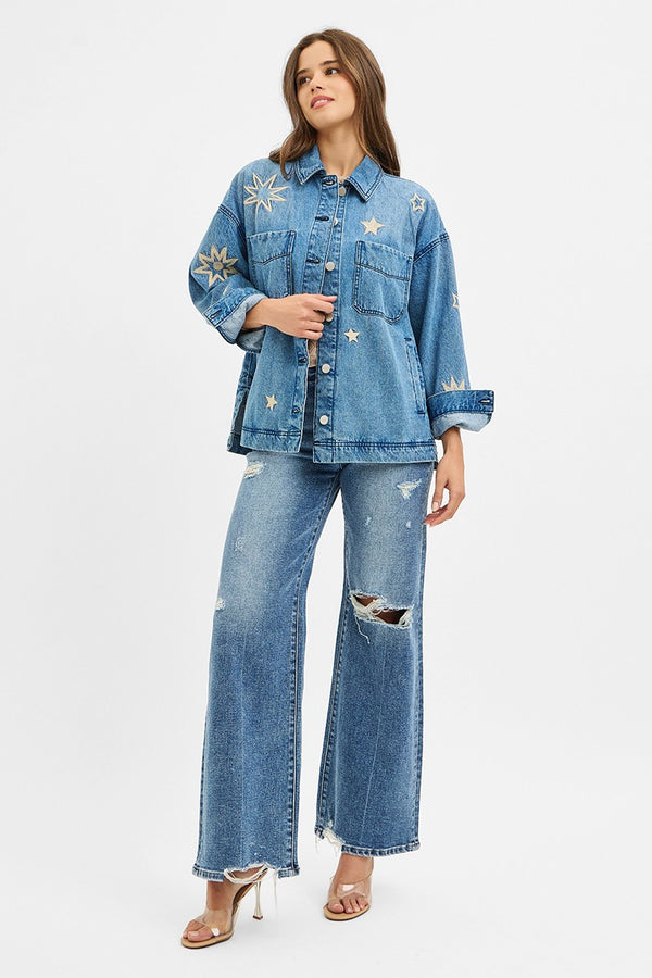 Harlow Star Embroidered Denim Jacket, Medium