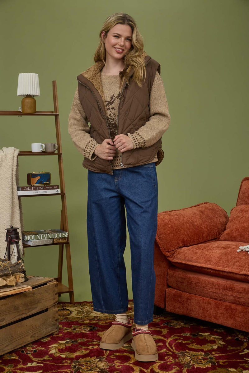 Raelynn Quilted Fleece Lined Vest, Dark Brown
