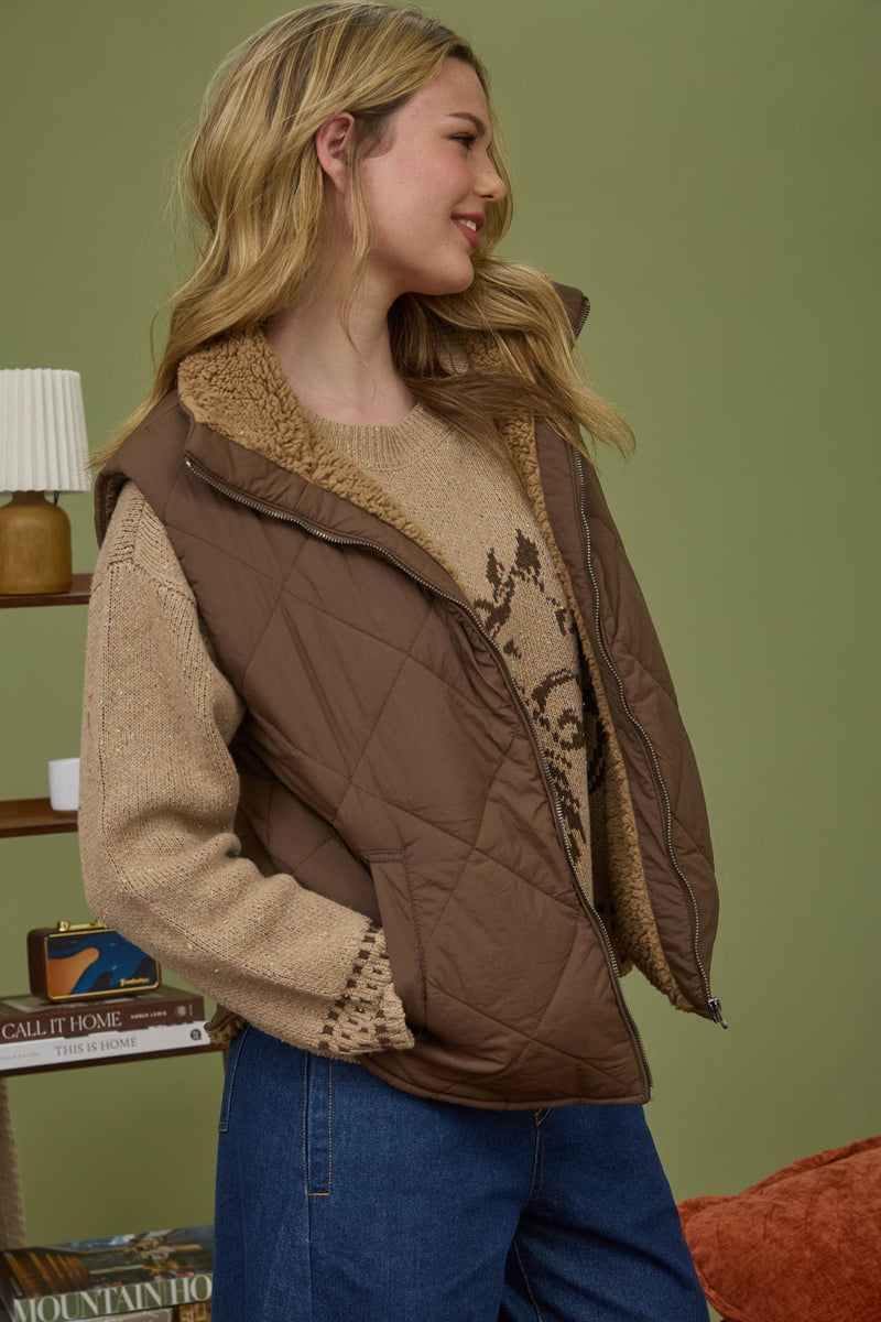 Raelynn Quilted Fleece Lined Vest, Dark Brown