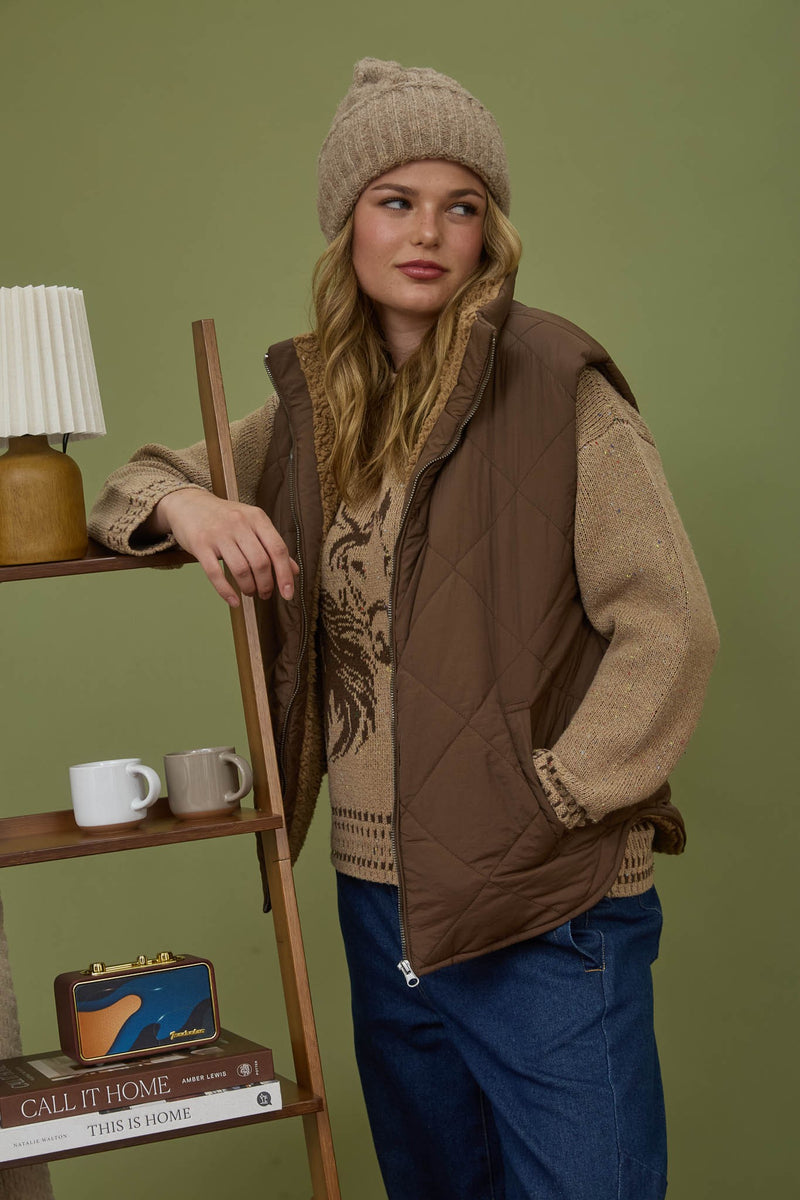 Raelynn Quilted Fleece Lined Vest, Dark Brown