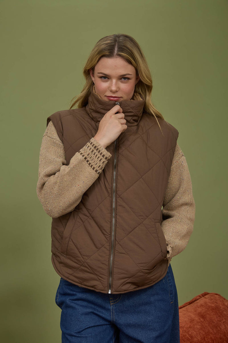 Raelynn Quilted Fleece Lined Vest, Dark Brown