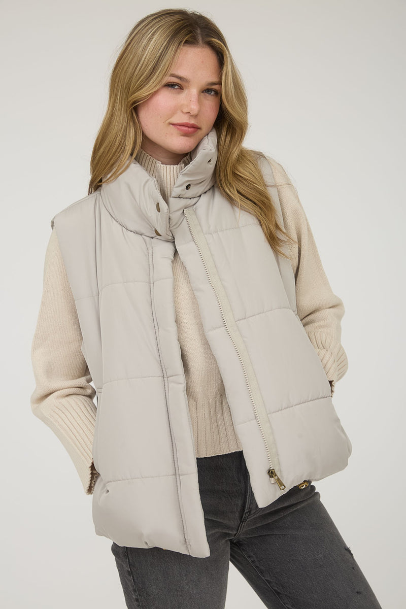 Liv Solid Zip Up Puffer Vest, Cement