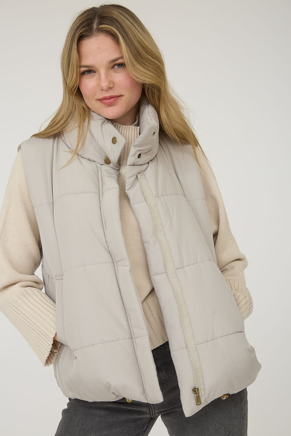 Liv Solid Zip Up Puffer Vest, Cement