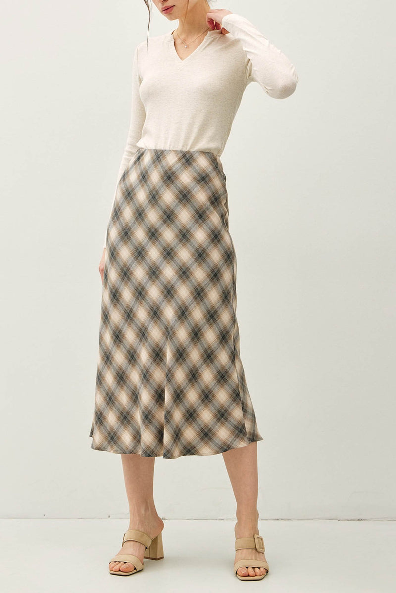 Evangeline Tartan Plaid Flowy Midi Skirt, Charcoal