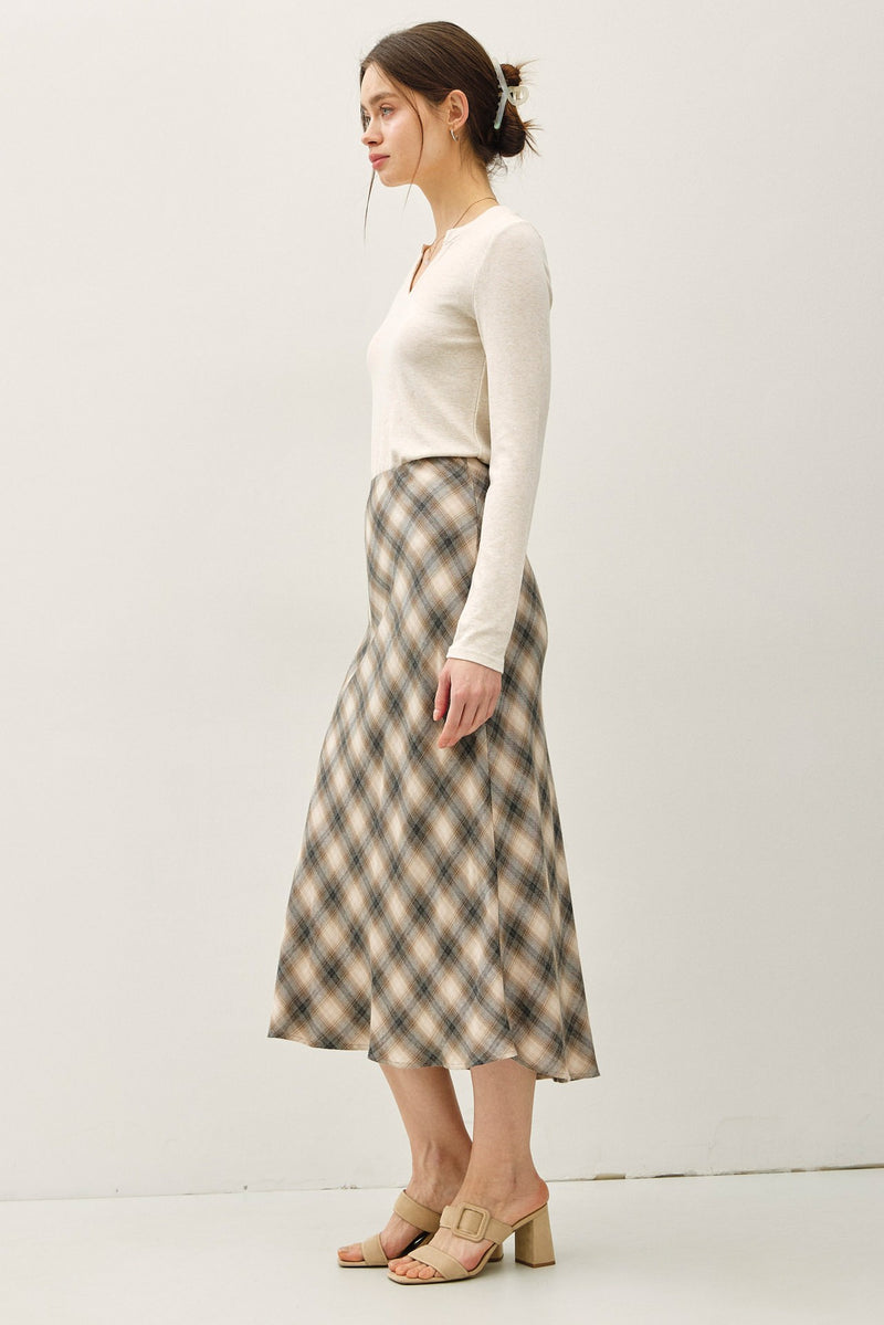 Evangeline Tartan Plaid Flowy Midi Skirt, Charcoal
