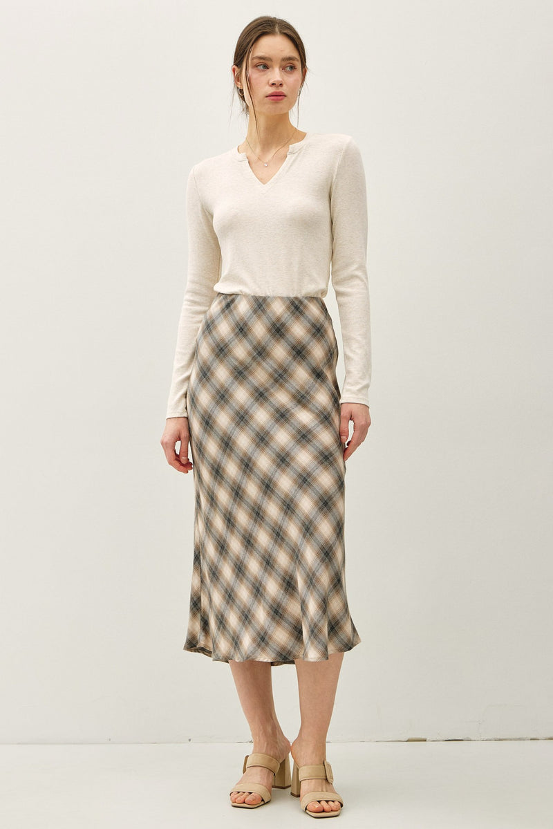 Evangeline Tartan Plaid Flowy Midi Skirt, Charcoal