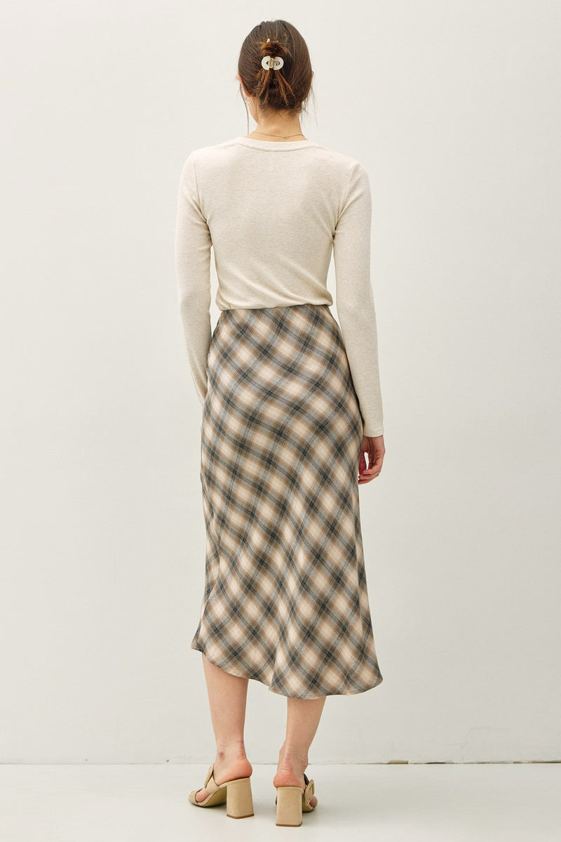 Evangeline Tartan Plaid Flowy Midi Skirt, Charcoal