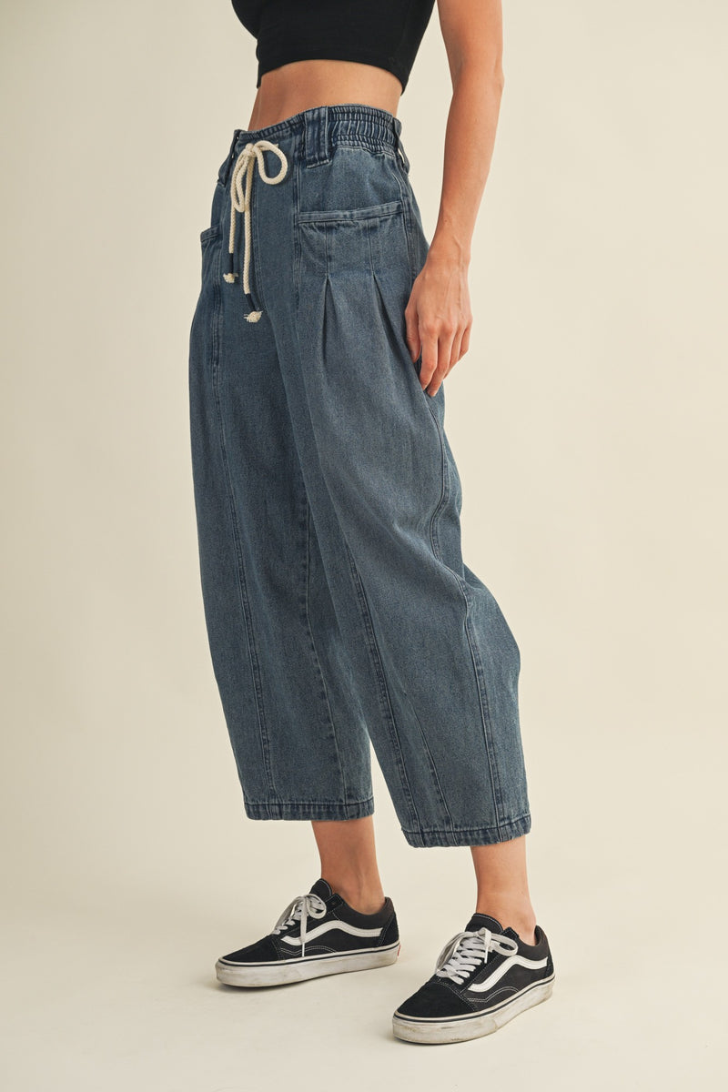 Raya Drawstring Barrel Leg Pants, Washed Denim