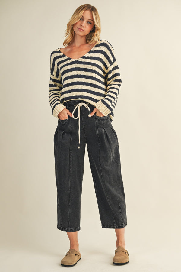 Raya Drawstring Barrel Leg Pants, Black Denim