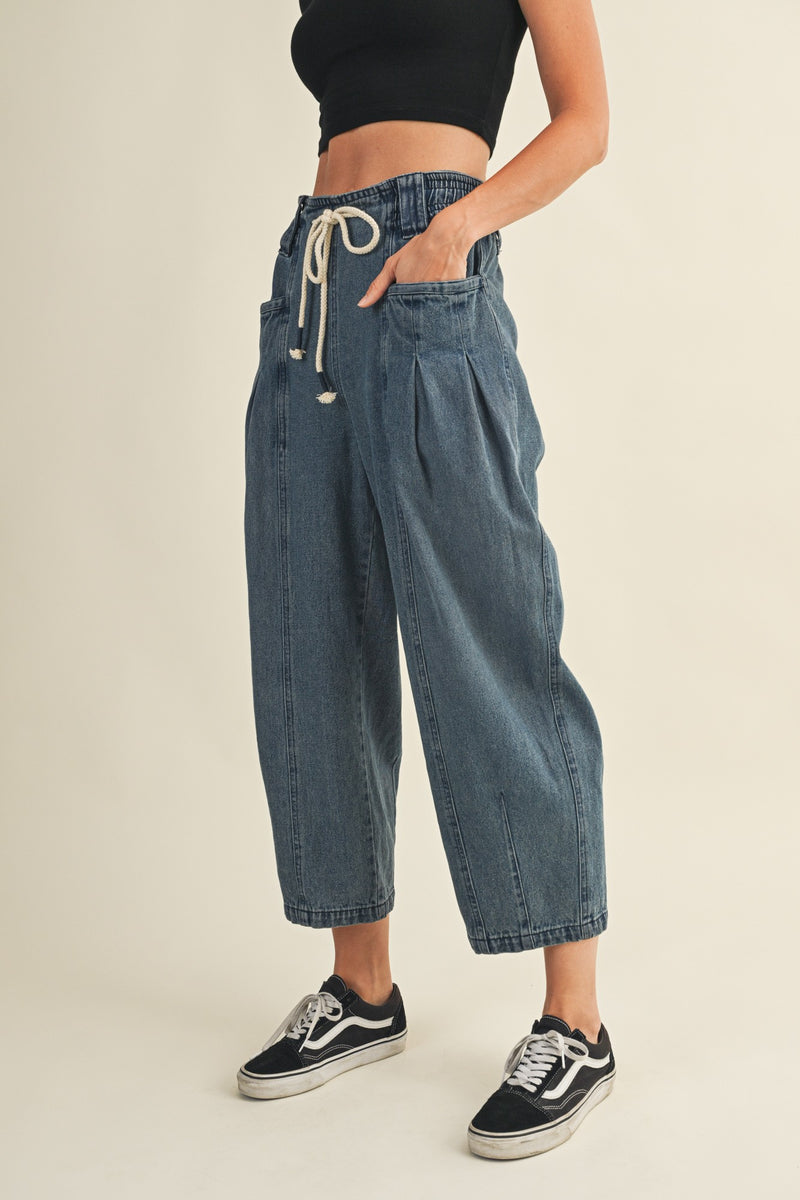 Raya Drawstring Barrel Leg Pants, Washed Denim