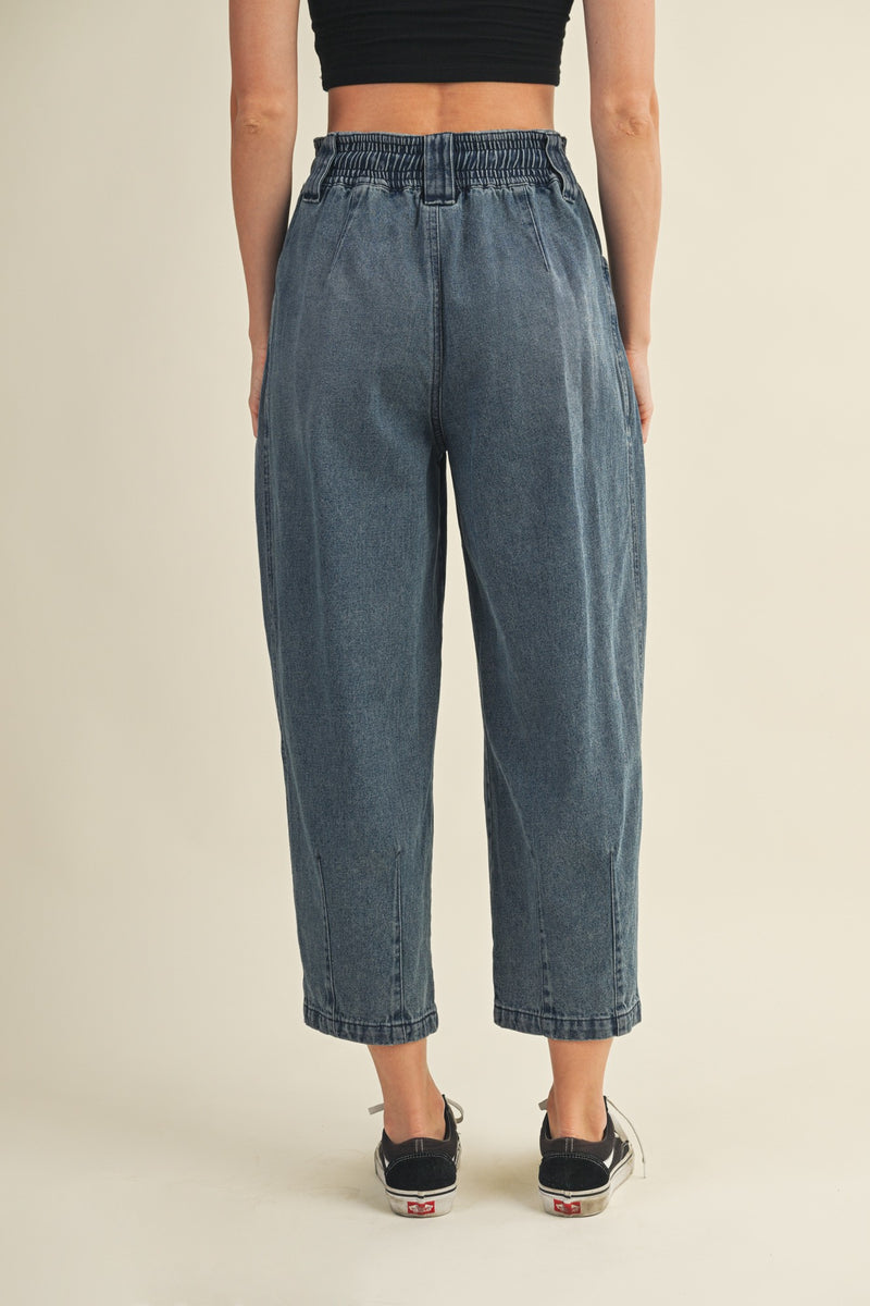 Raya Drawstring Barrel Leg Pants, Washed Denim