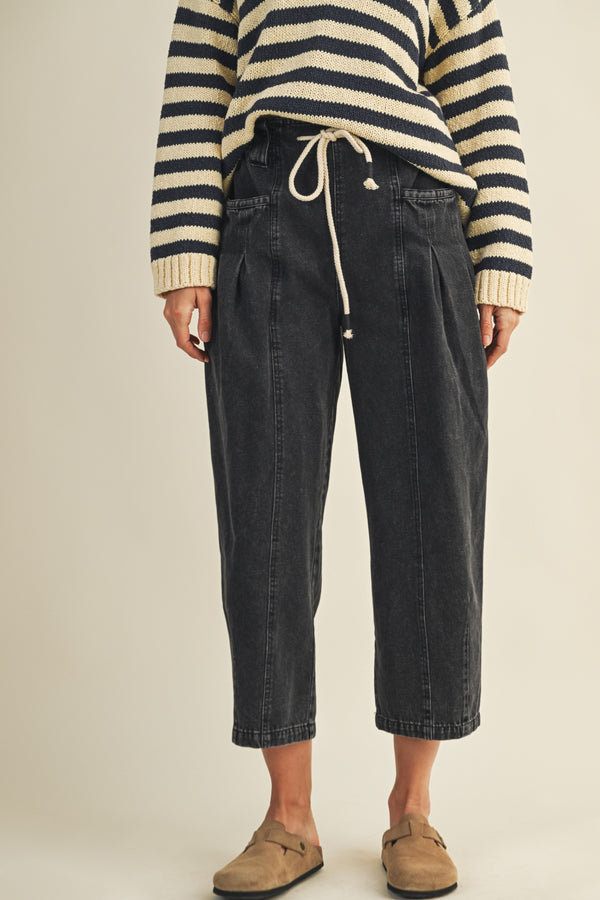 Raya Drawstring Barrel Leg Pants, Black Denim