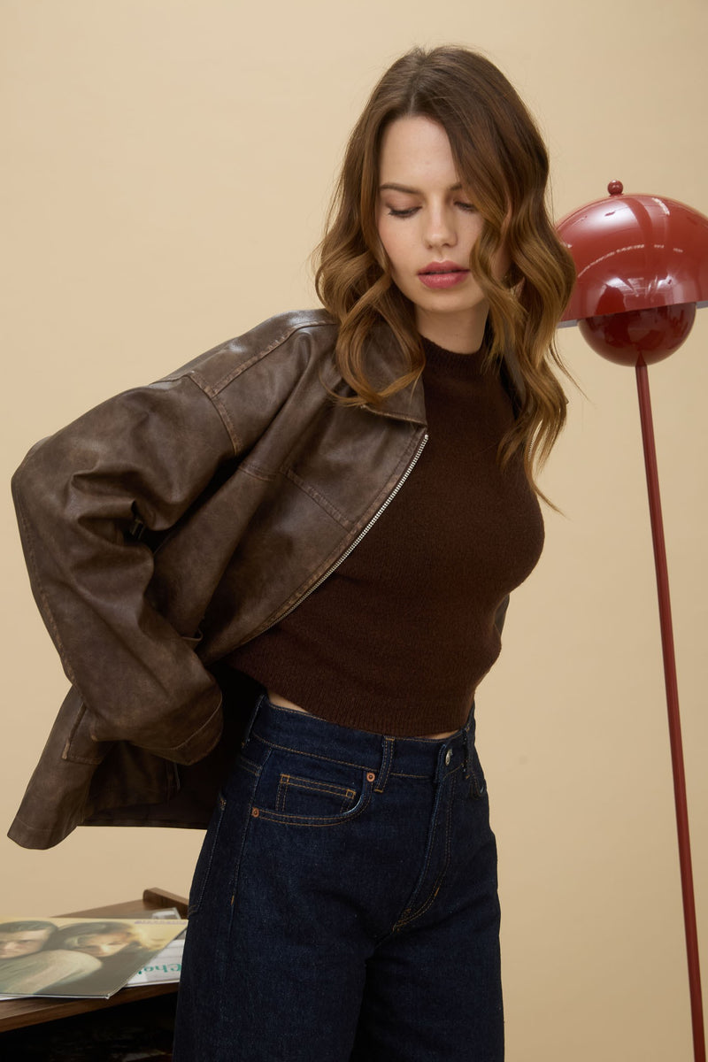 Amelie Washed Faux Leather Jacket, Brown