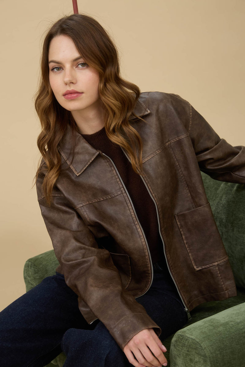 Amelie Washed Faux Leather Jacket, Brown