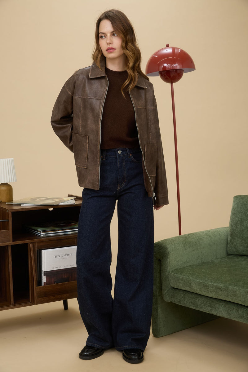 Amelie Washed Faux Leather Jacket, Brown