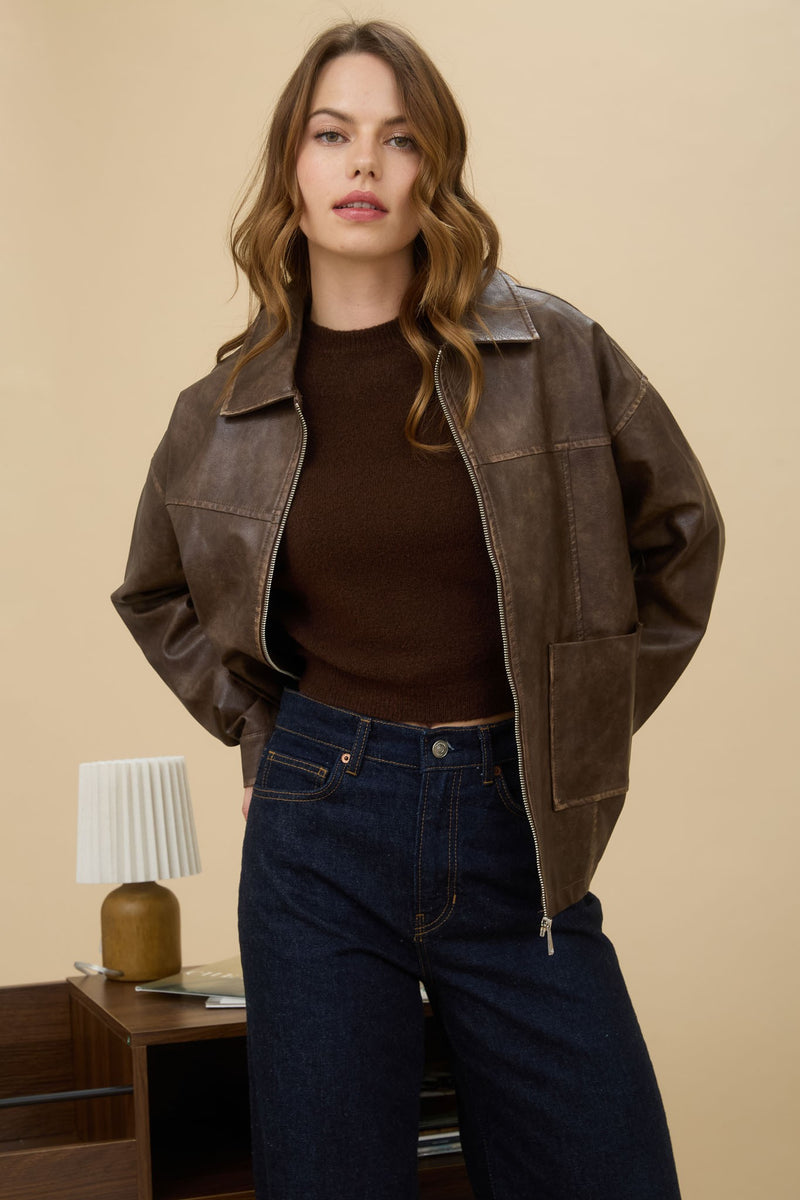 Amelie Washed Faux Leather Jacket, Brown